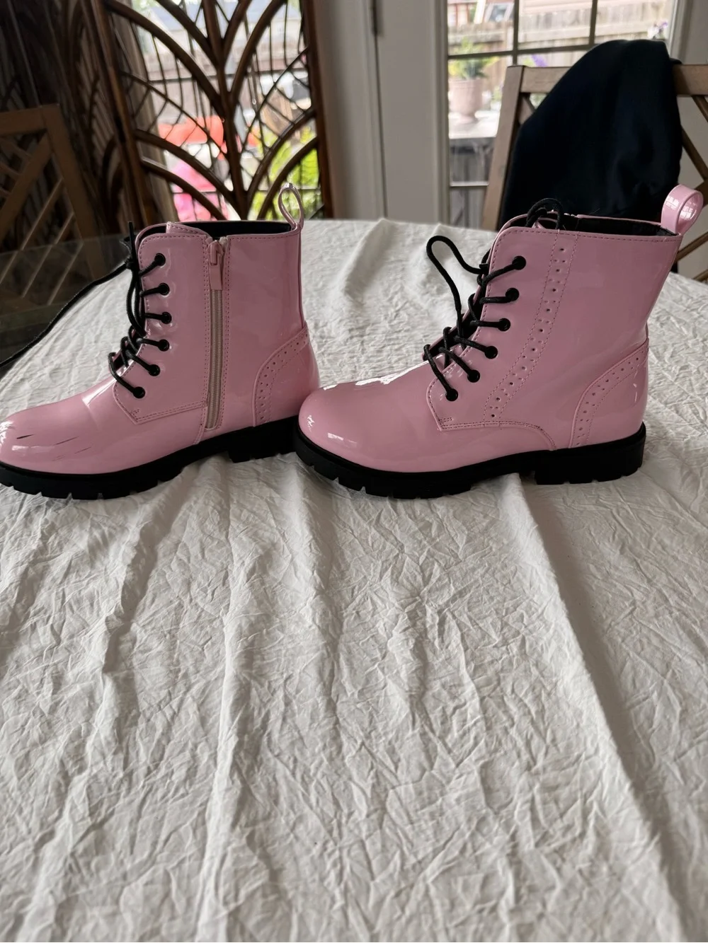 Dream Pairs Pink Patent Lace-Up Combat Boots with Black Soles